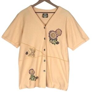 VTG 90s 100% Cotton French Terry Top Sz L Apricot Button Stenciled S/S Shirt USA